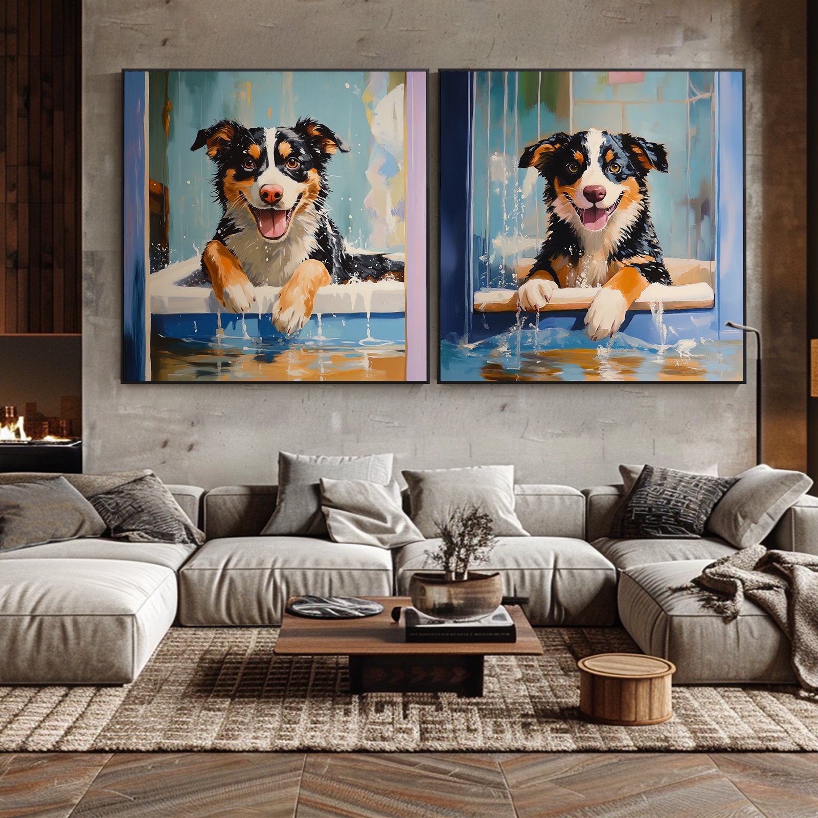 100% Hand-Painted Pet Cartoon Painting (Diptych) #T00031