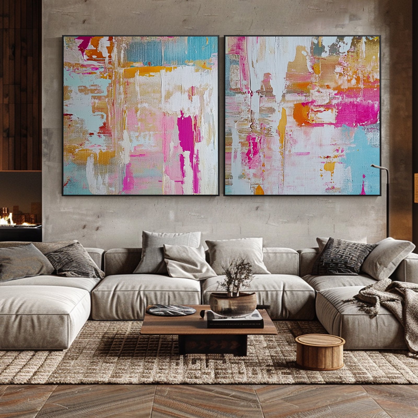 100% Hand-Painted Abstract Style Painting (Diptych) #T00042