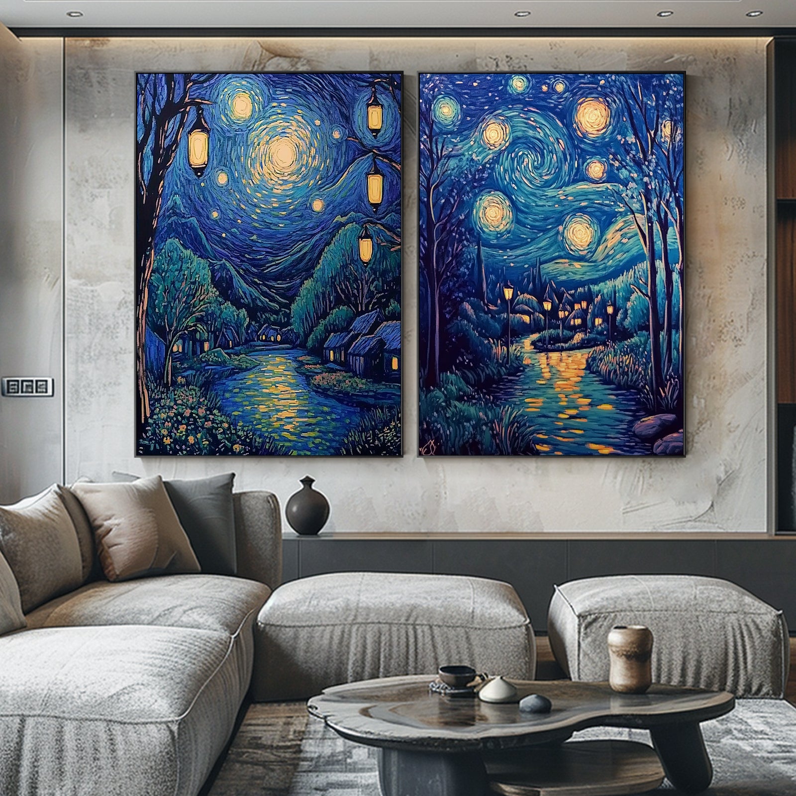 100% Hand-Painted Rotating Starry Sky Van Gogh Style Painting (Diptych) #T00041