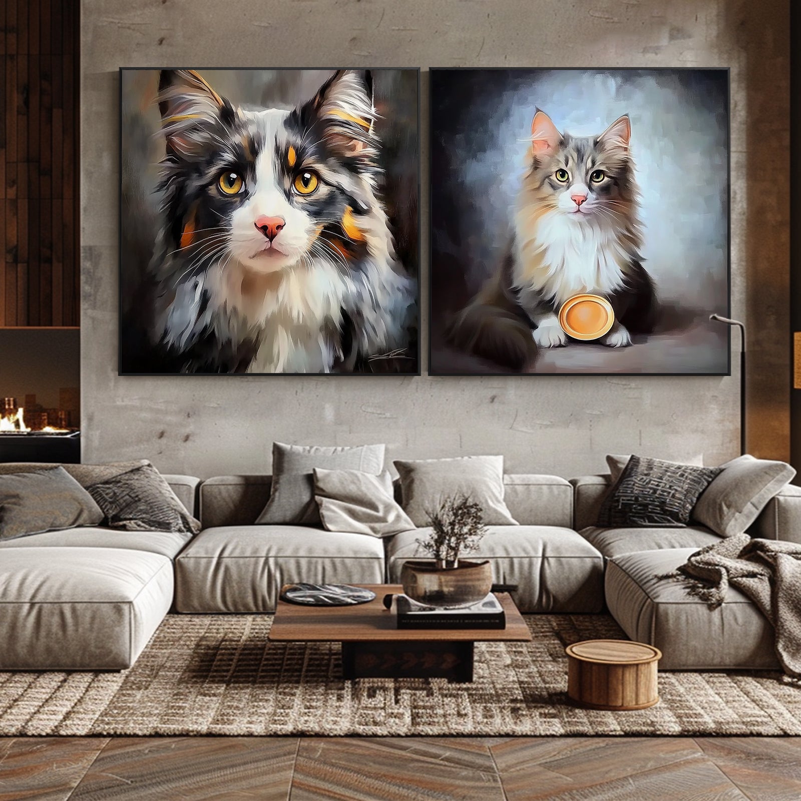 100% Hand-Painted Custom Realistic Cat Oil Painting (Diptych) #T00049