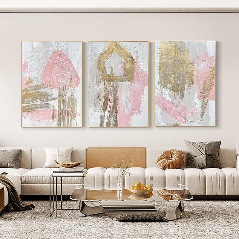 3 Pieces Pink and Gold Texture Abstract Oil Painting Set of 3