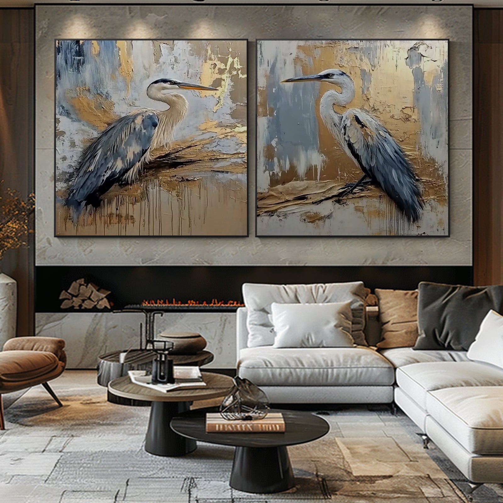 100% Hand-Painted Crane Landscape Style Painting (Diptych) #T00035