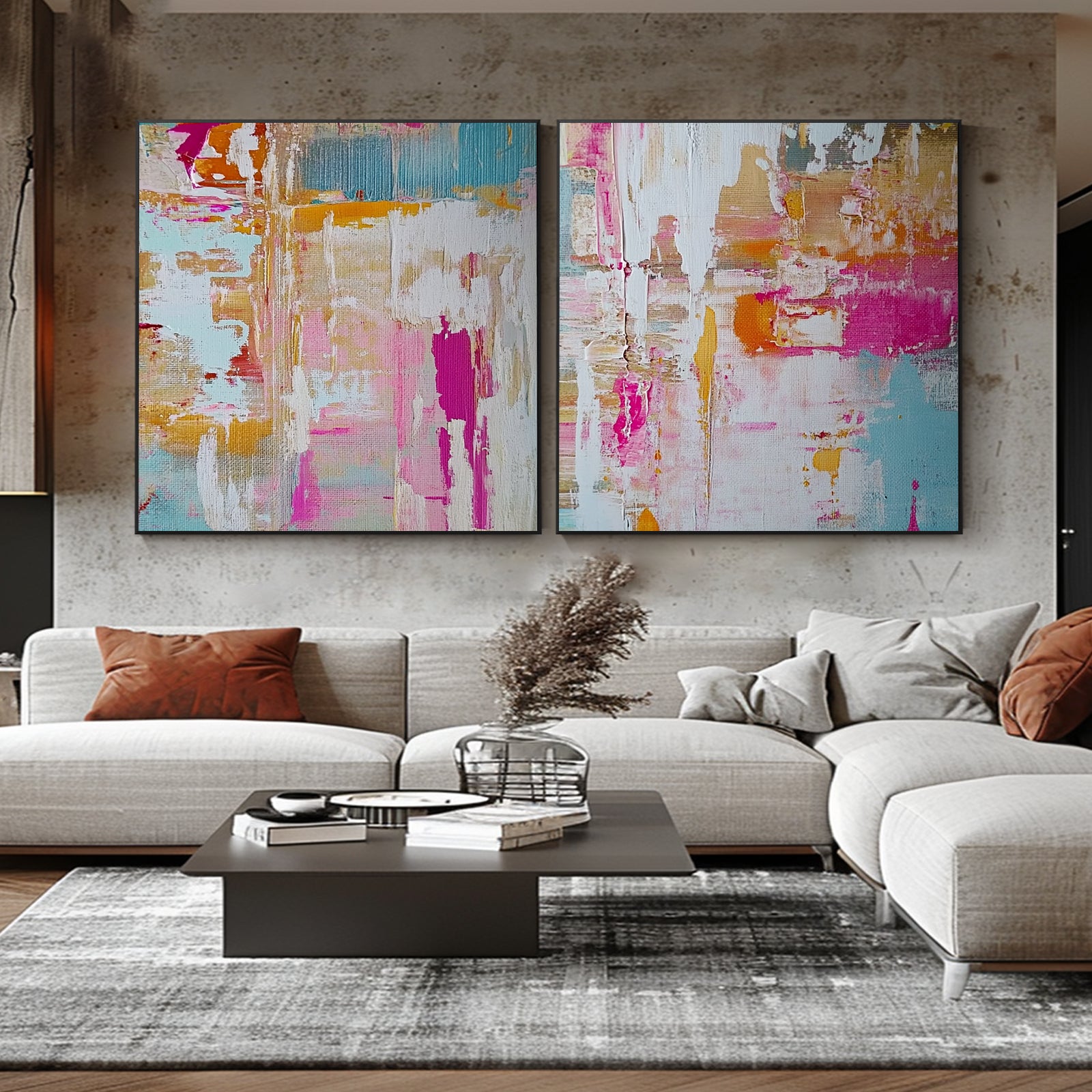 100% Hand-Painted Abstract Style Painting (Diptych) #T00042