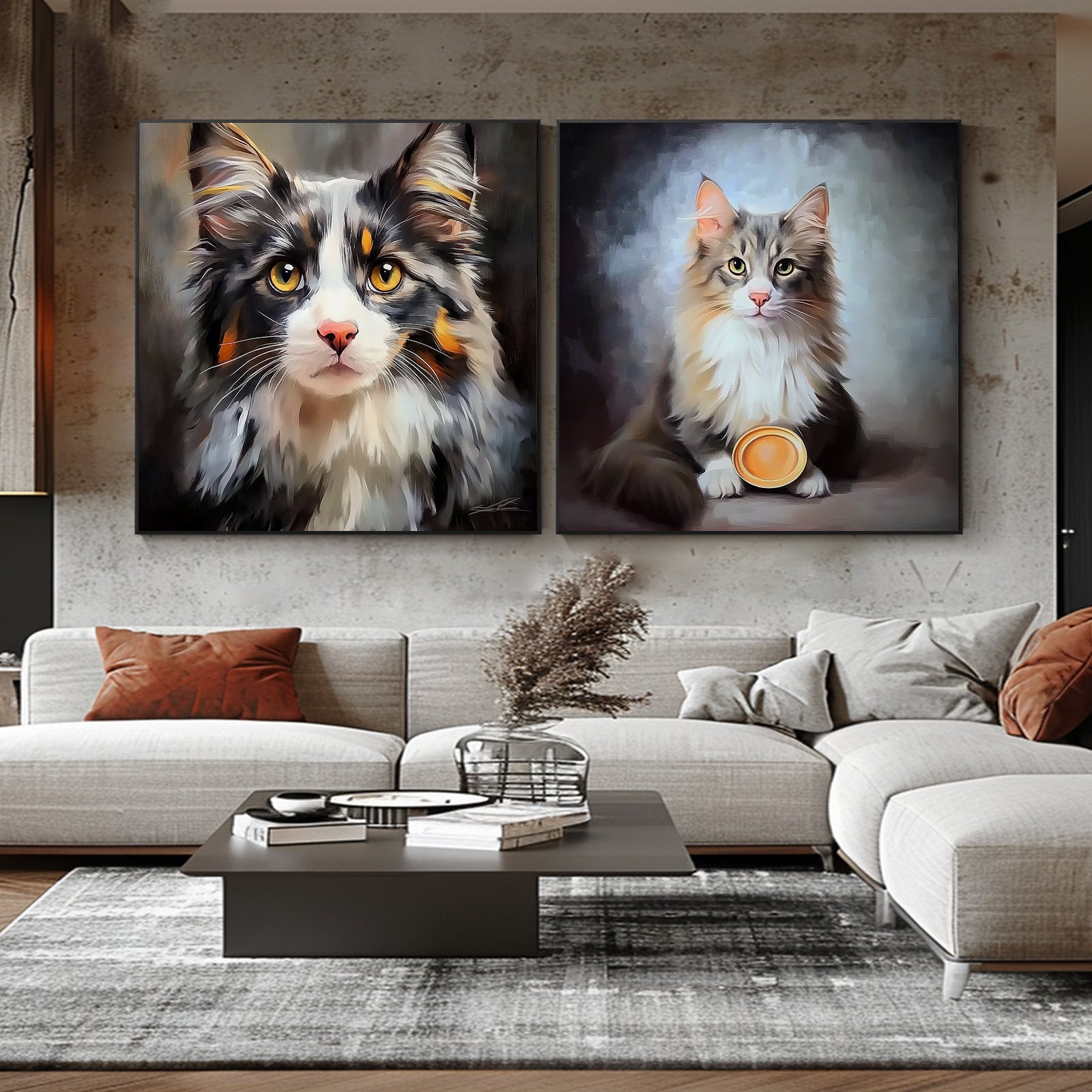 100% Hand-Painted Custom Realistic Cat Oil Painting (Diptych) #T00049