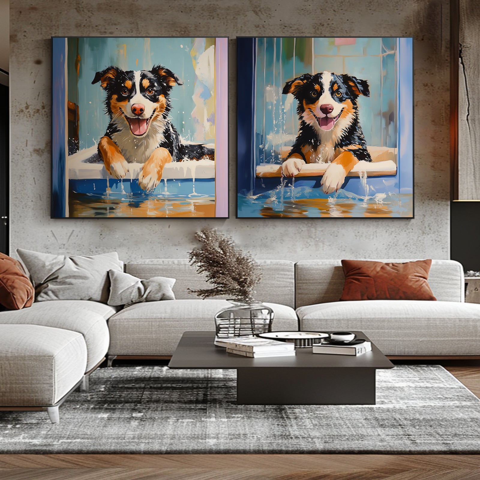 100% Hand-Painted Pet Cartoon Painting (Diptych) #T00031