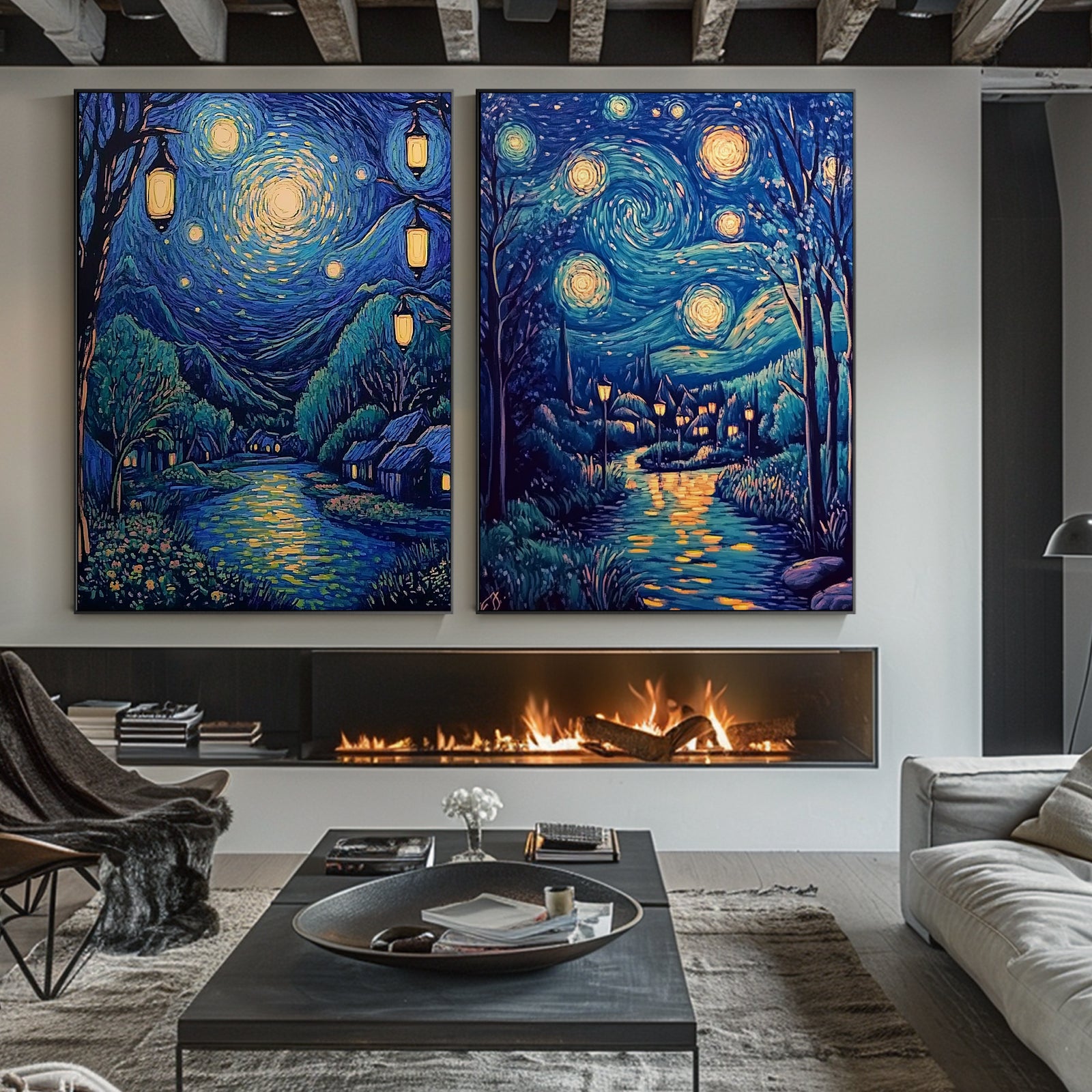 100% Hand-Painted Rotating Starry Sky Van Gogh Style Painting (Diptych) #T00041