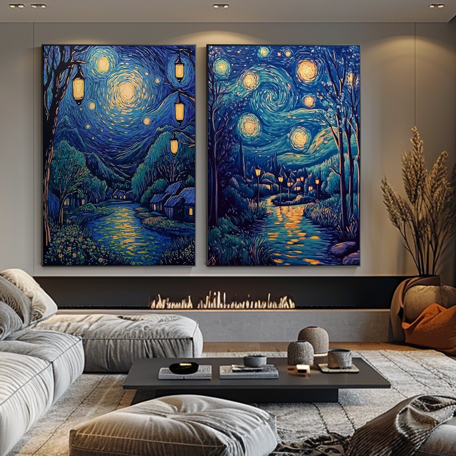 100% Hand-Painted Rotating Starry Sky Van Gogh Style Painting (Diptych) #T00041