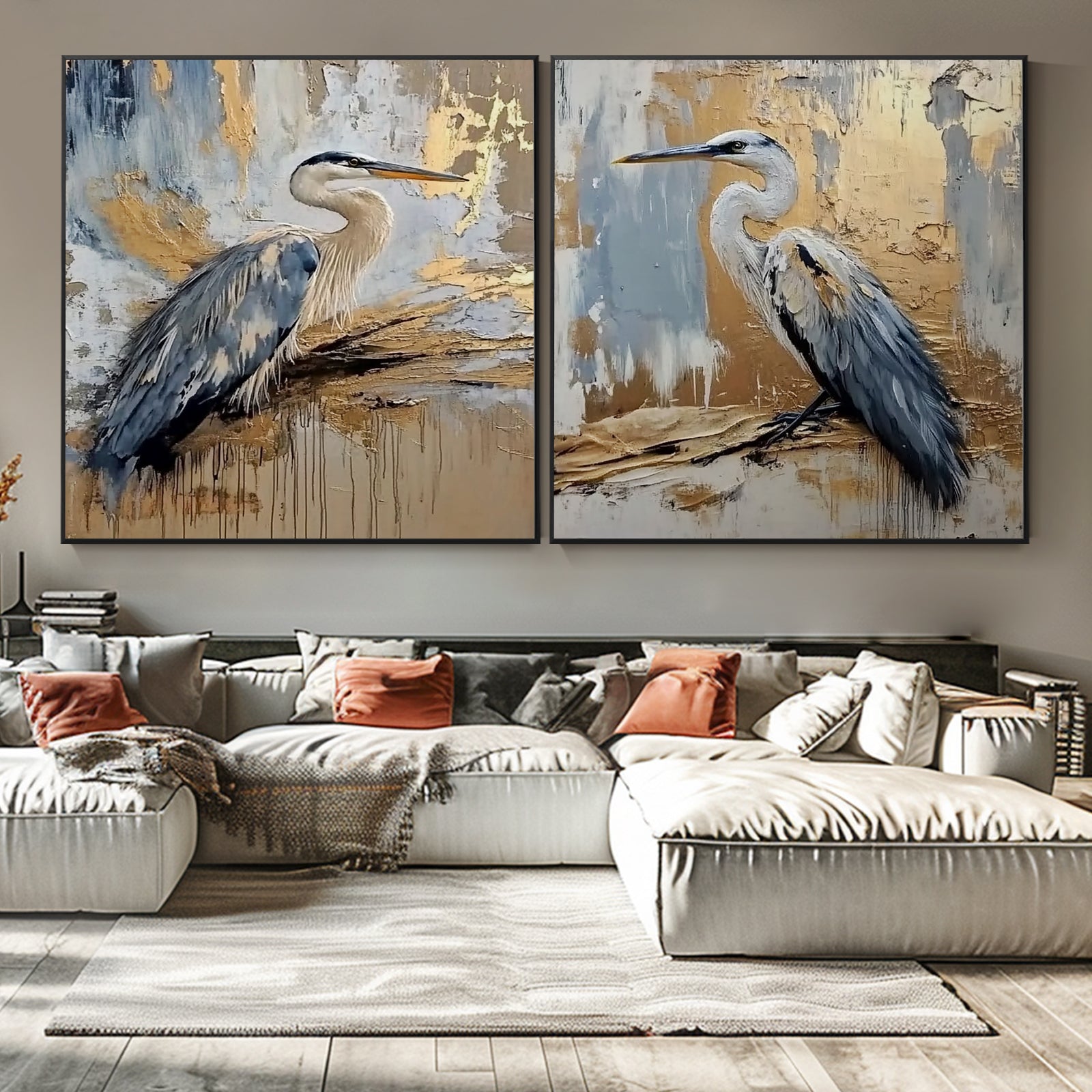 100% Hand-Painted Crane Landscape Style Painting (Diptych) #T00035