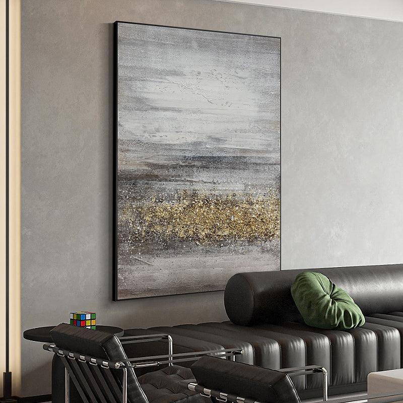 100% Hand-Painted Abstract Grey and Gold Foil Canvas - kalapaint