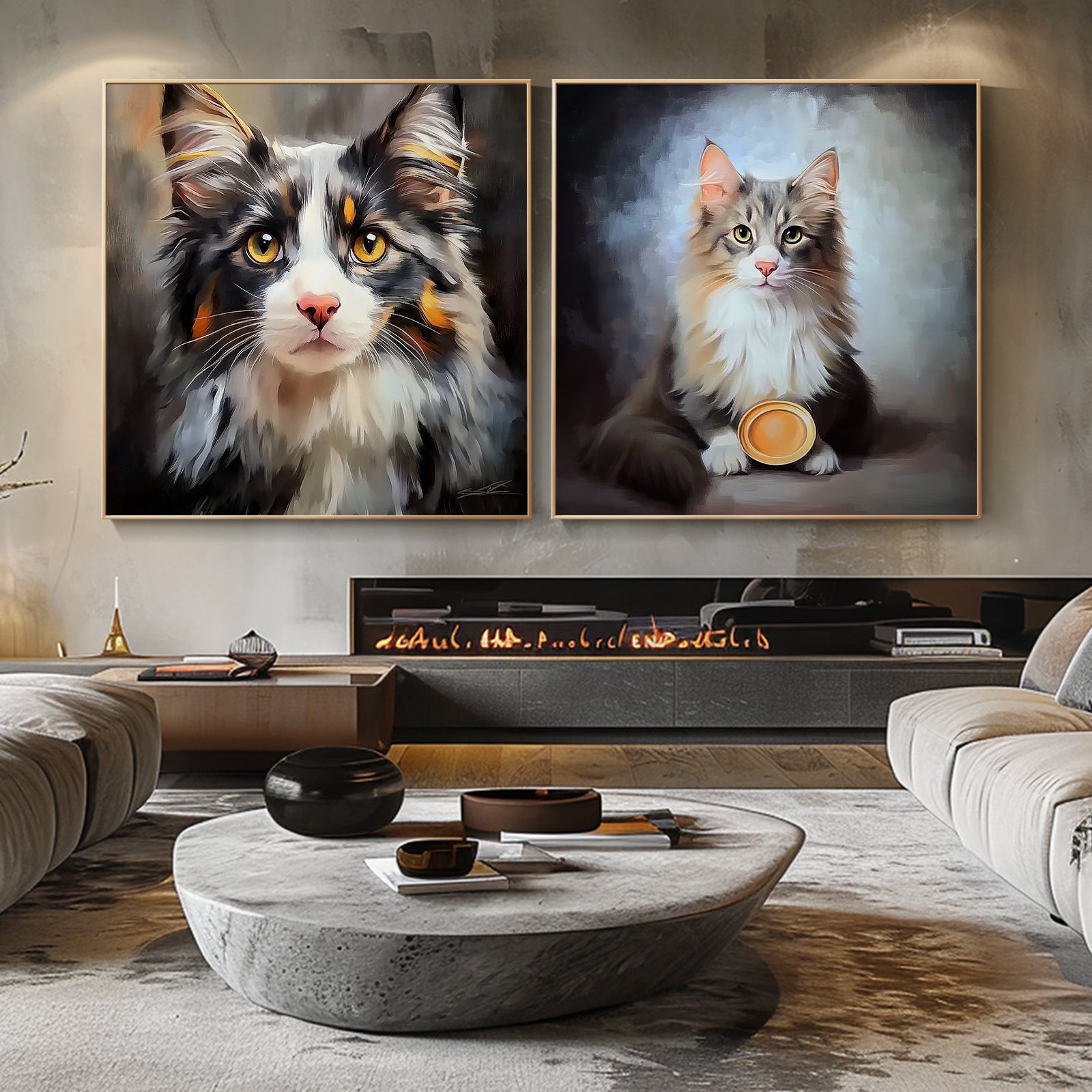 100% Hand-Painted Custom Realistic Cat Oil Painting (Diptych) #T00049