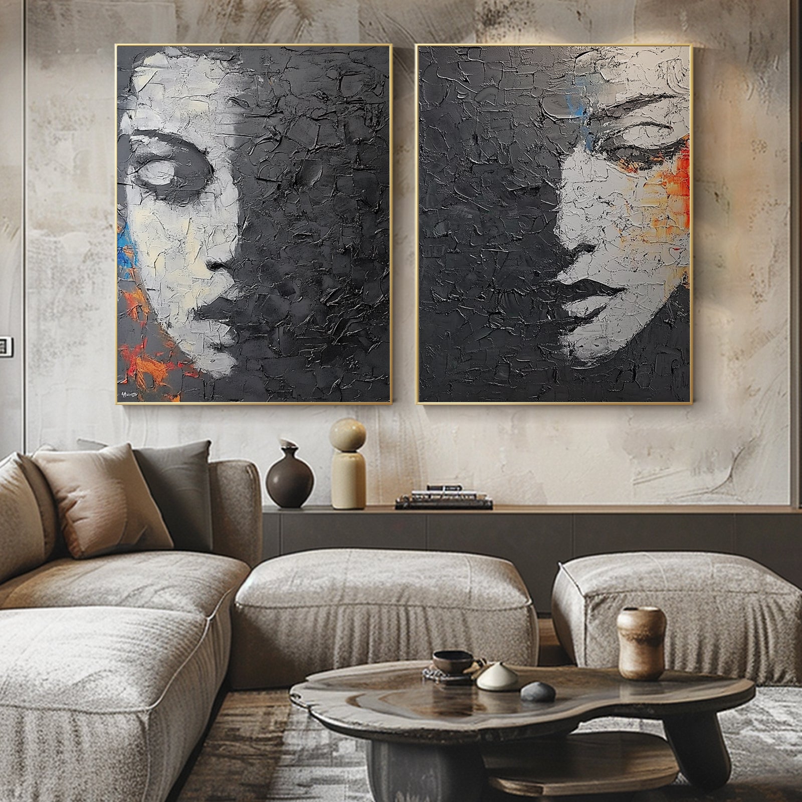 100% Hand-Painted Minimalist Style Female Portrait Painting (Diptych) #T00037