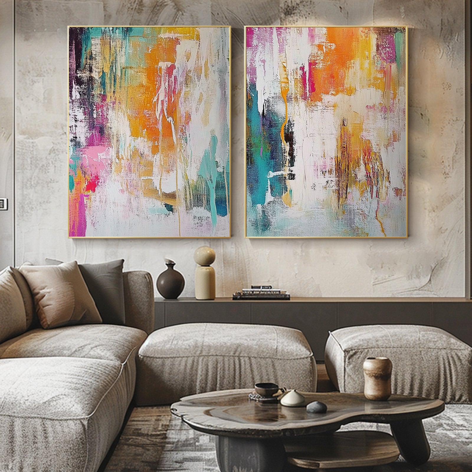 100% Hand-Painted Abstract Style Painting (Diptych) #T00057