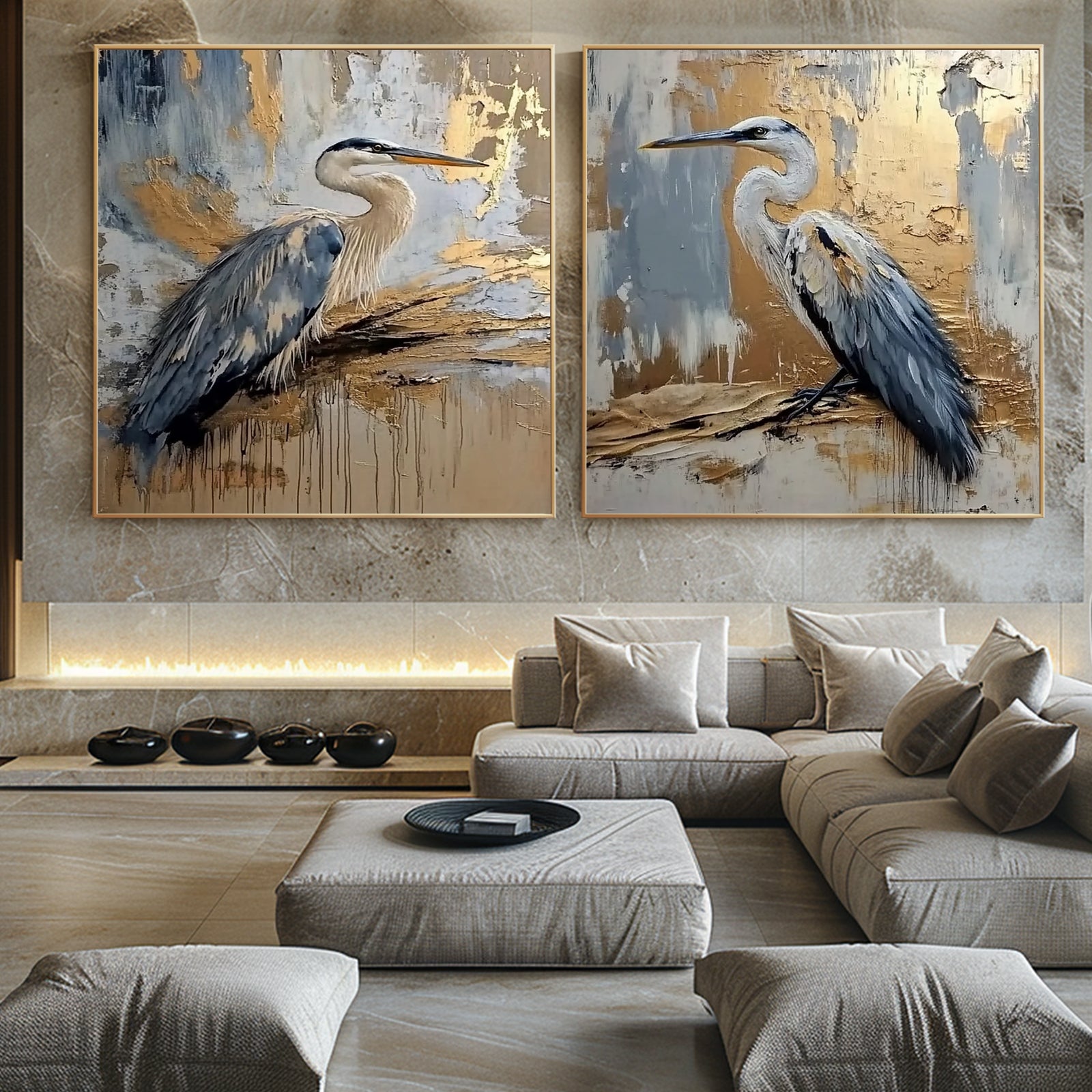 100% Hand-Painted Crane Landscape Style Painting (Diptych) #T00035