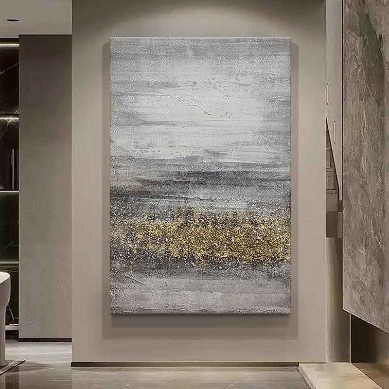 100% Hand-Painted Abstract Grey and Gold Foil Canvas - kalapaint