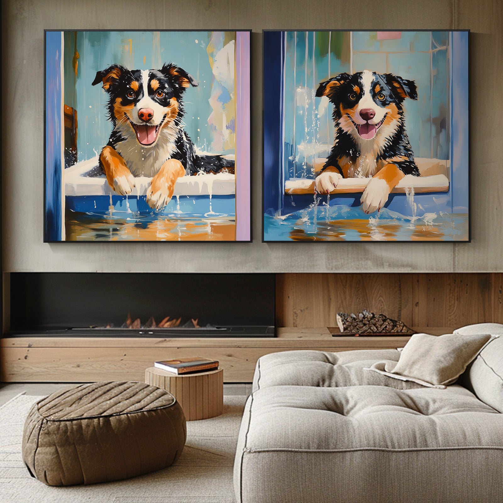 100% Hand-Painted Pet Cartoon Painting (Diptych) #T00031