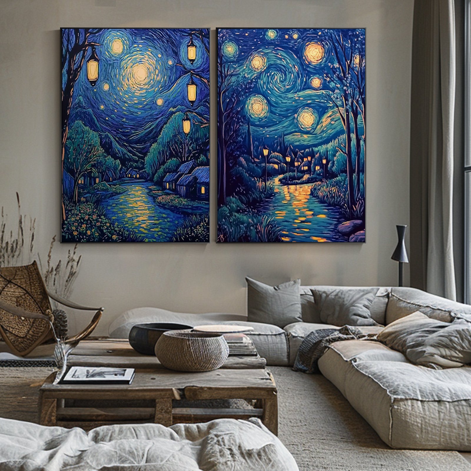 100% Hand-Painted Rotating Starry Sky Van Gogh Style Painting (Diptych) #T00041