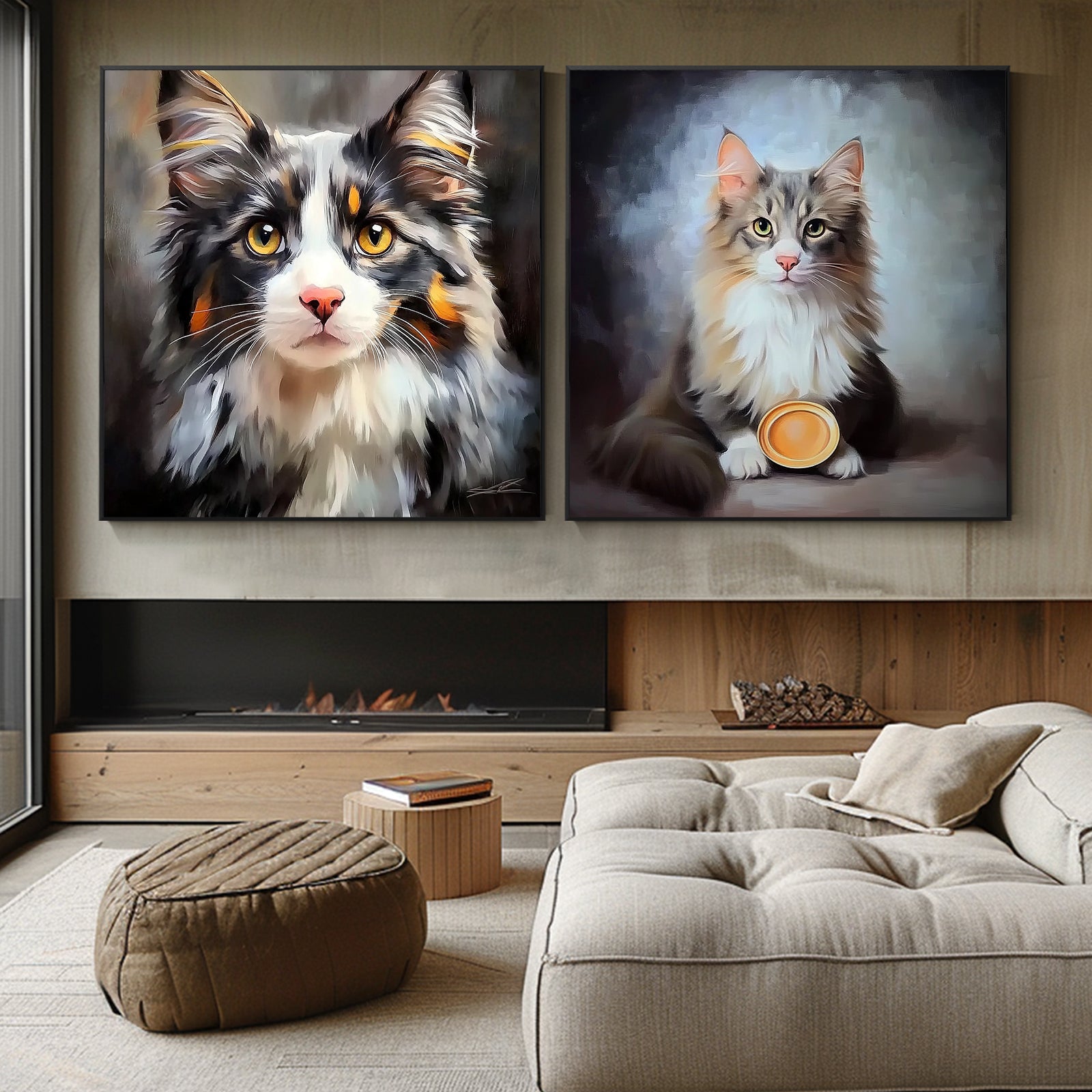 100% Hand-Painted Custom Realistic Cat Oil Painting (Diptych) #T00049