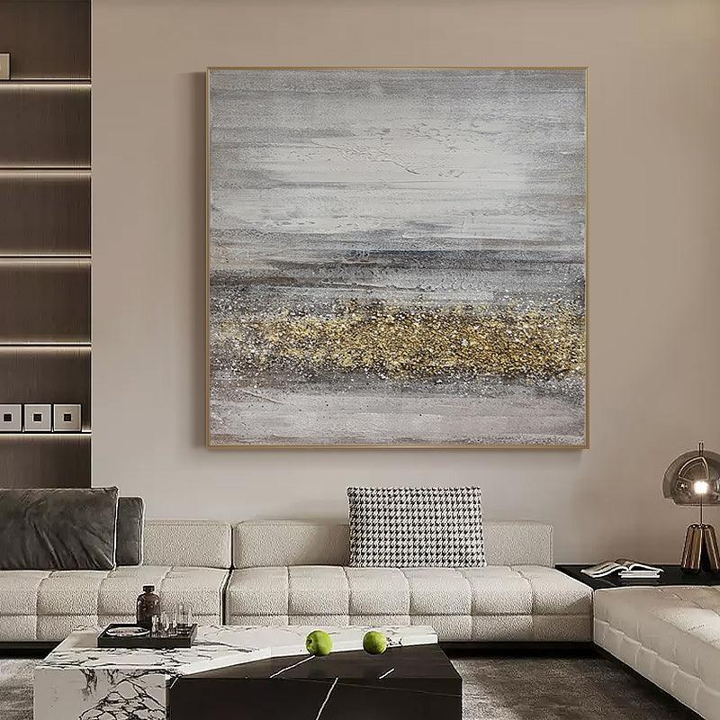 100% Hand-Painted Abstract Grey and Gold Foil Canvas - kalapaint