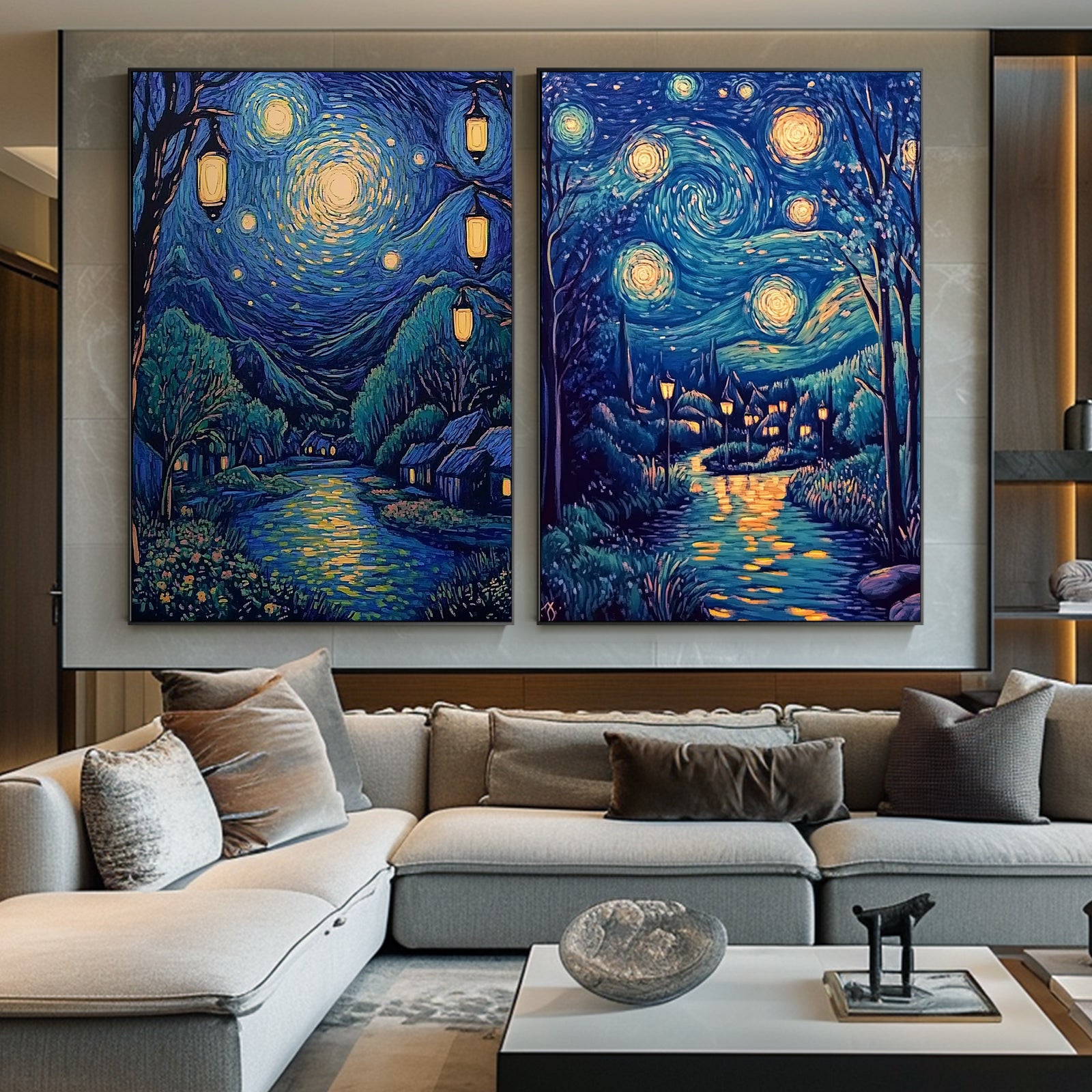 100% Hand-Painted Rotating Starry Sky Van Gogh Style Painting (Diptych) #T00041