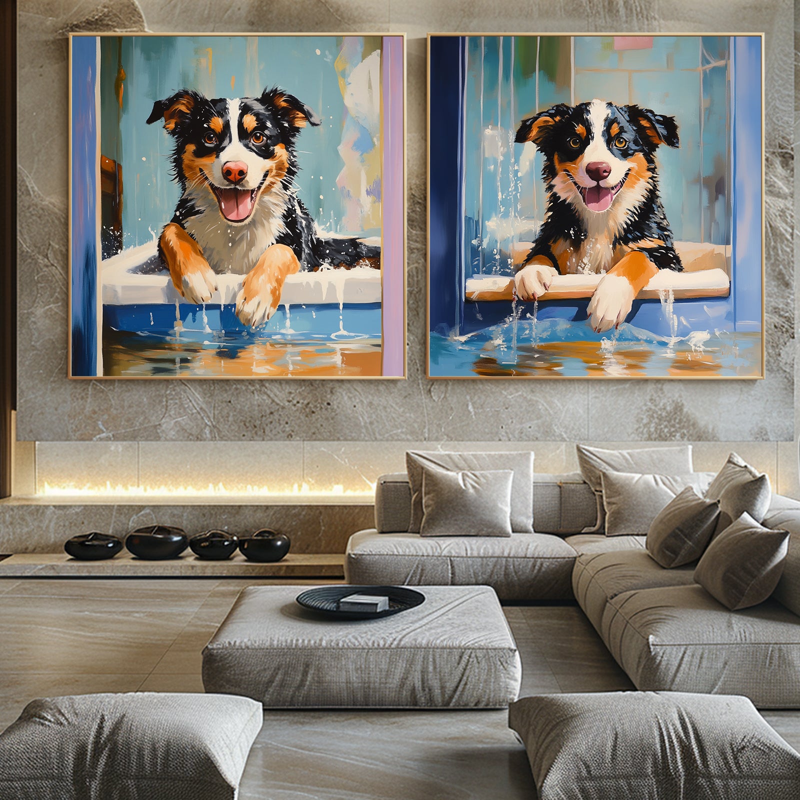 100% Hand-Painted Pet Cartoon Painting (Diptych) #T00031