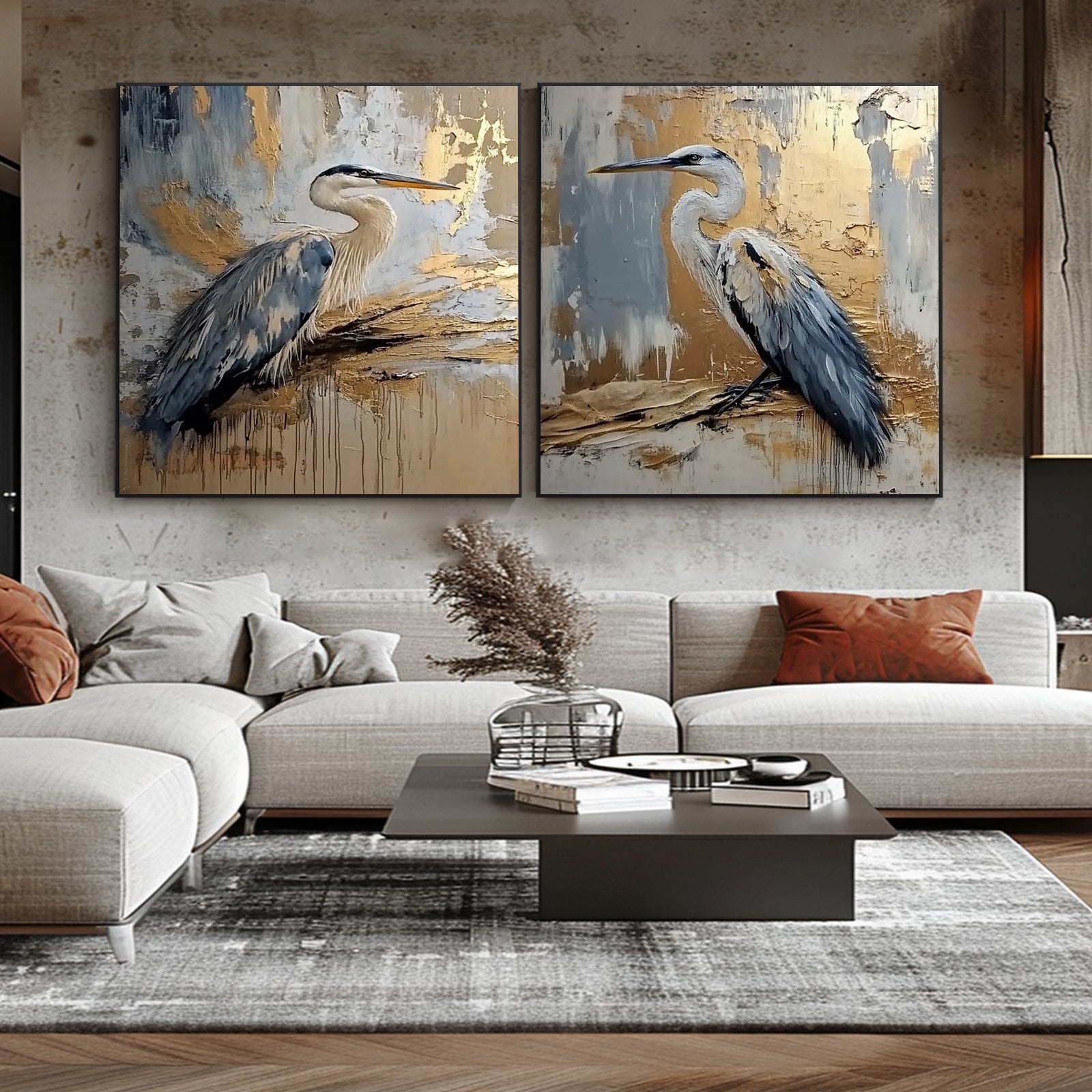 100% Hand-Painted Crane Landscape Style Painting (Diptych) #T00035