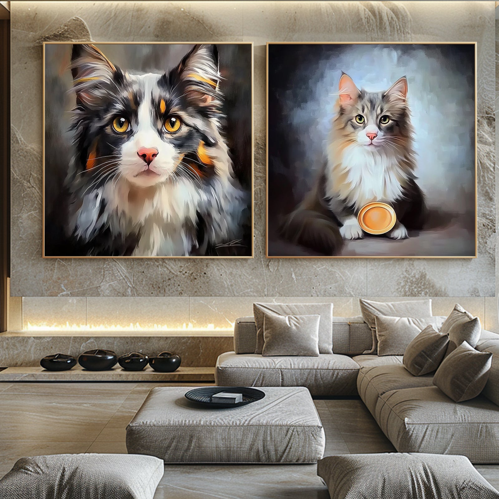 100% Hand-Painted Custom Realistic Cat Oil Painting (Diptych) #T00049