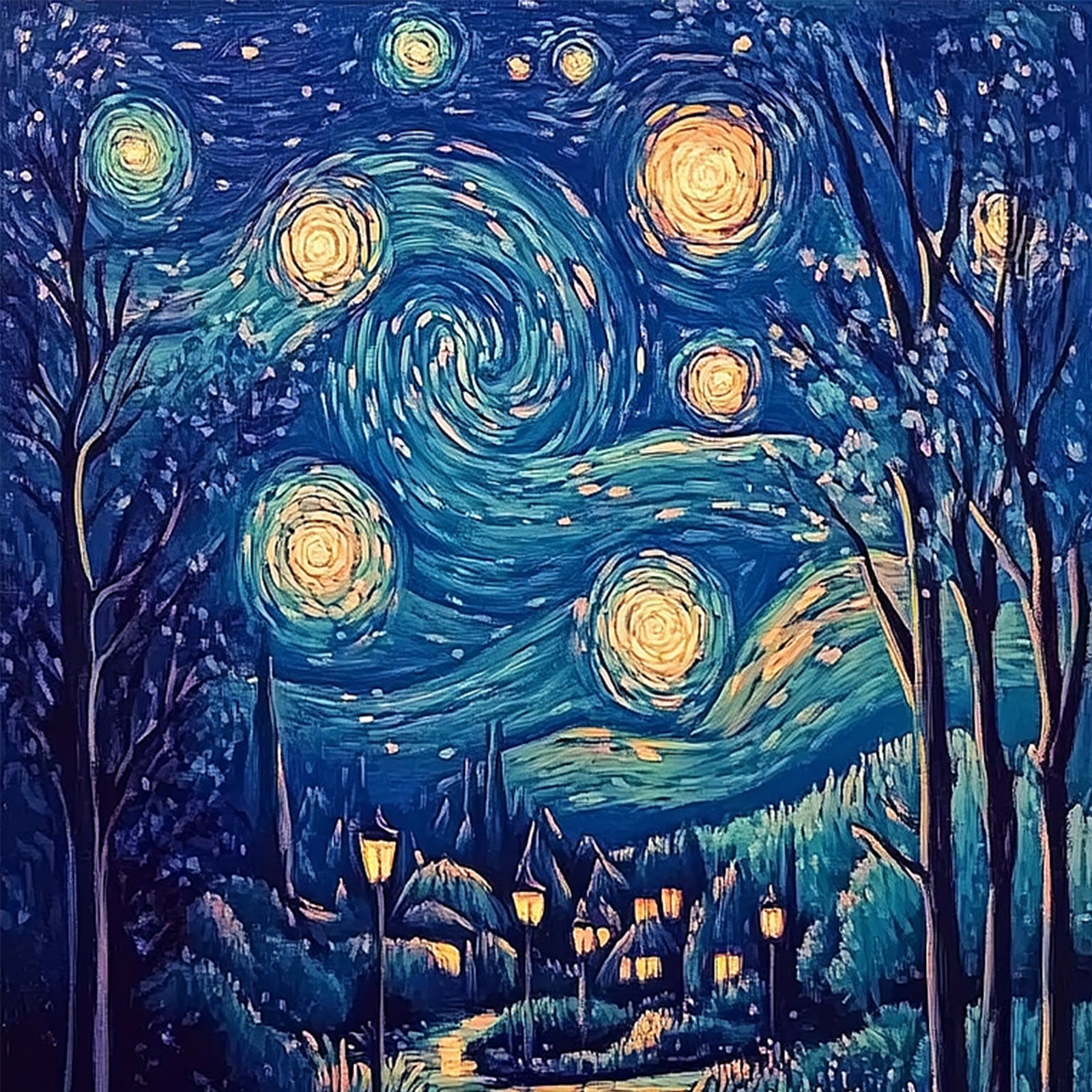 100% Hand-Painted Rotating Starry Sky Van Gogh Style Painting (Diptych) #T00041