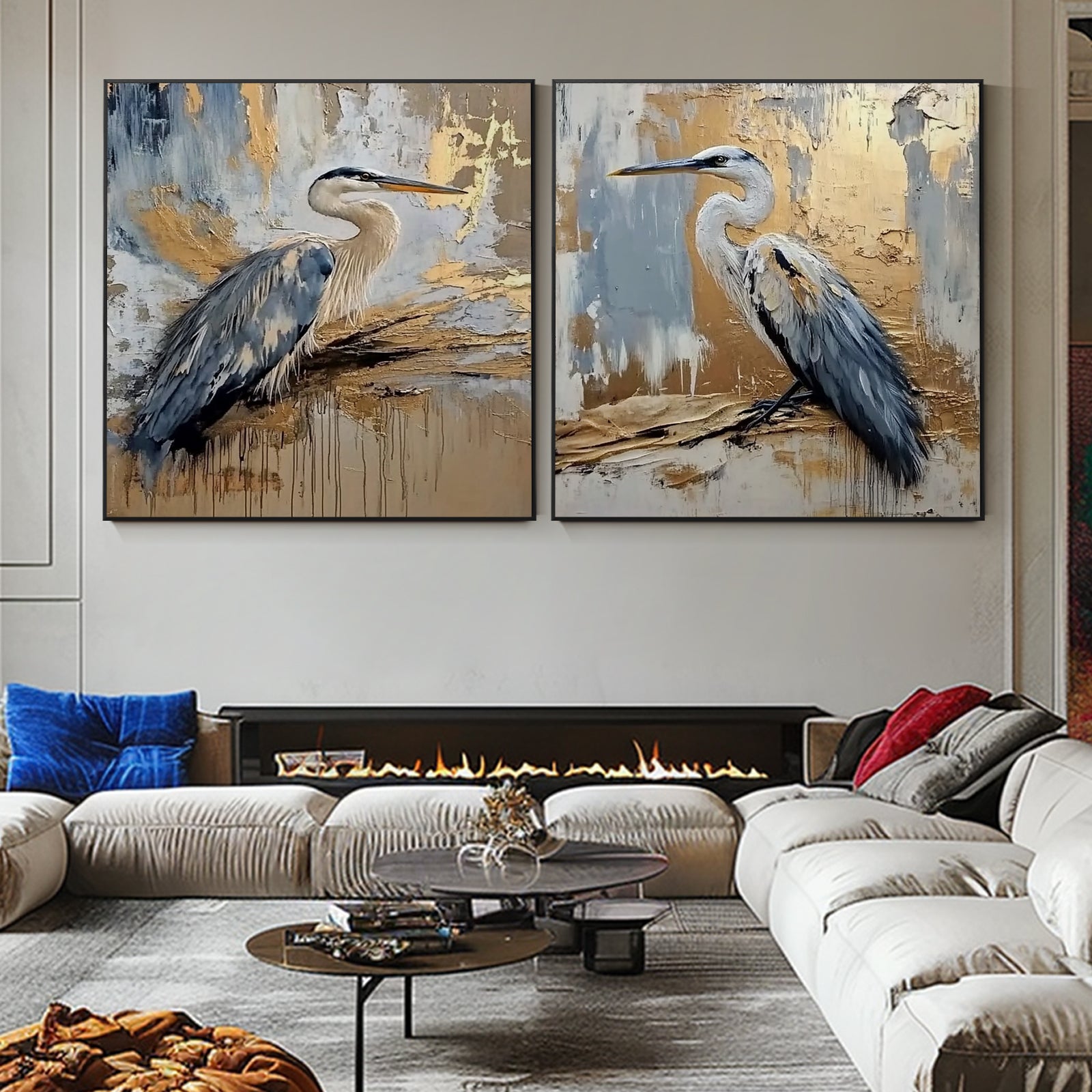 100% Hand-Painted Crane Landscape Style Painting (Diptych) #T00035