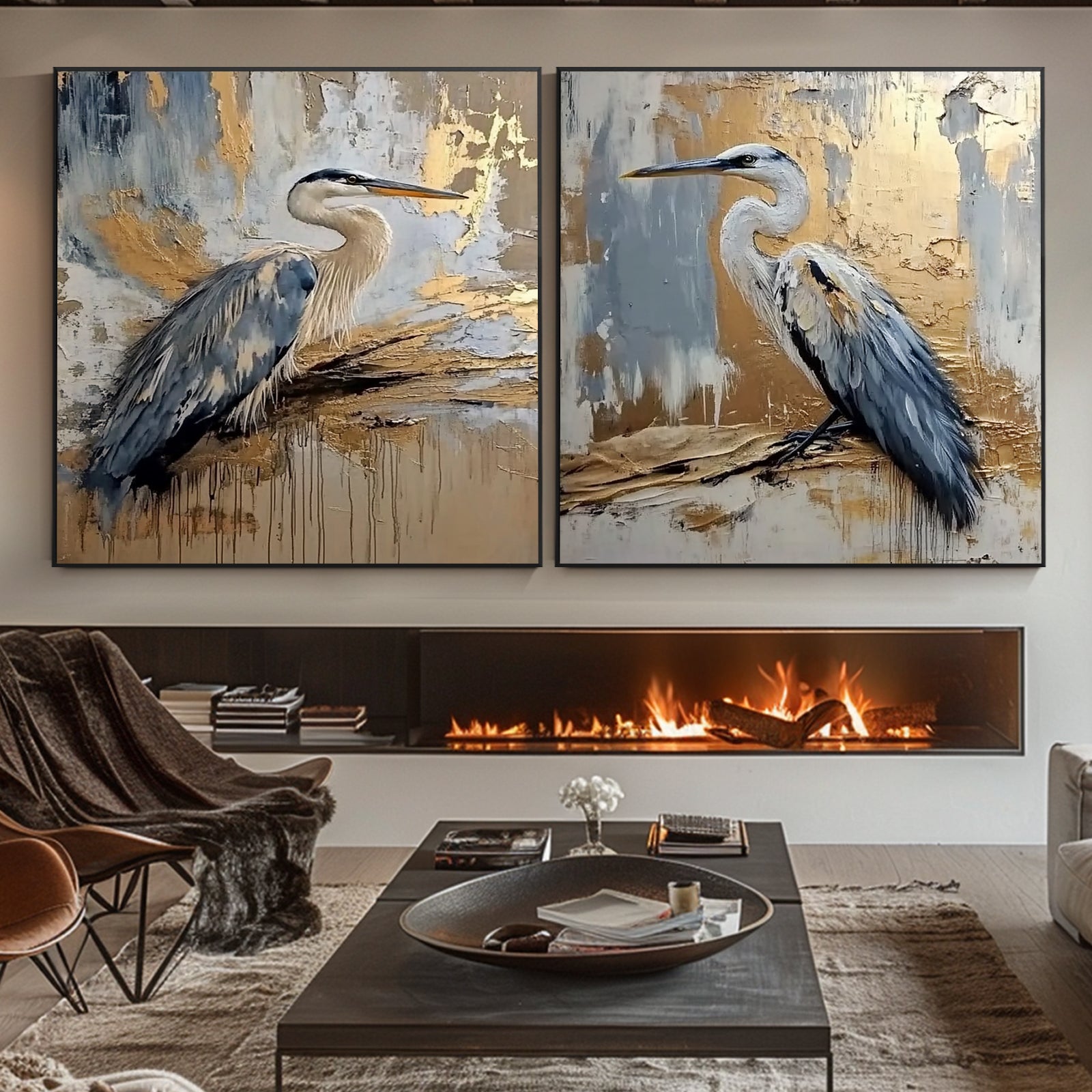 100% Hand-Painted Crane Landscape Style Painting (Diptych) #T00035