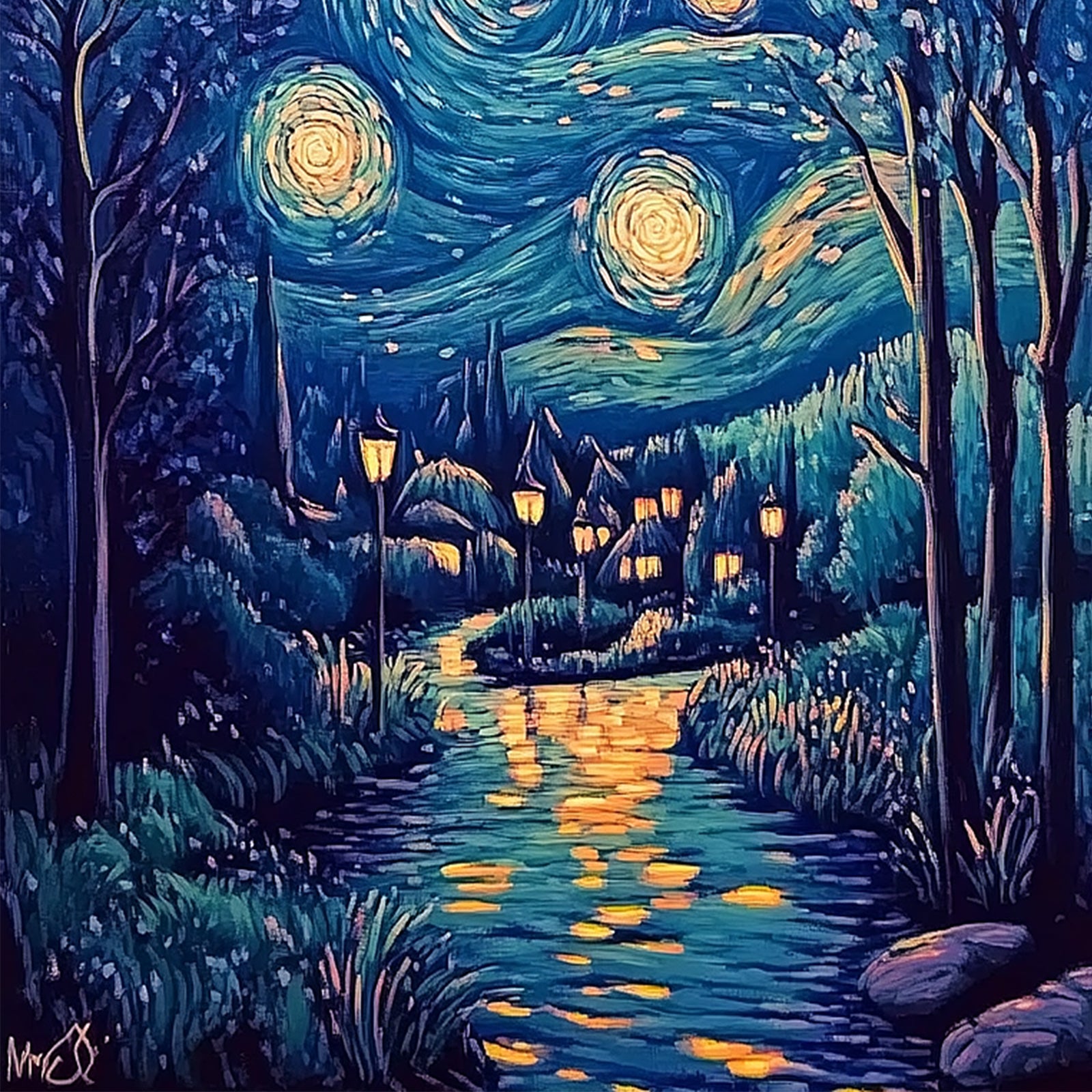 100% Hand-Painted Rotating Starry Sky Van Gogh Style Painting (Diptych) #T00041