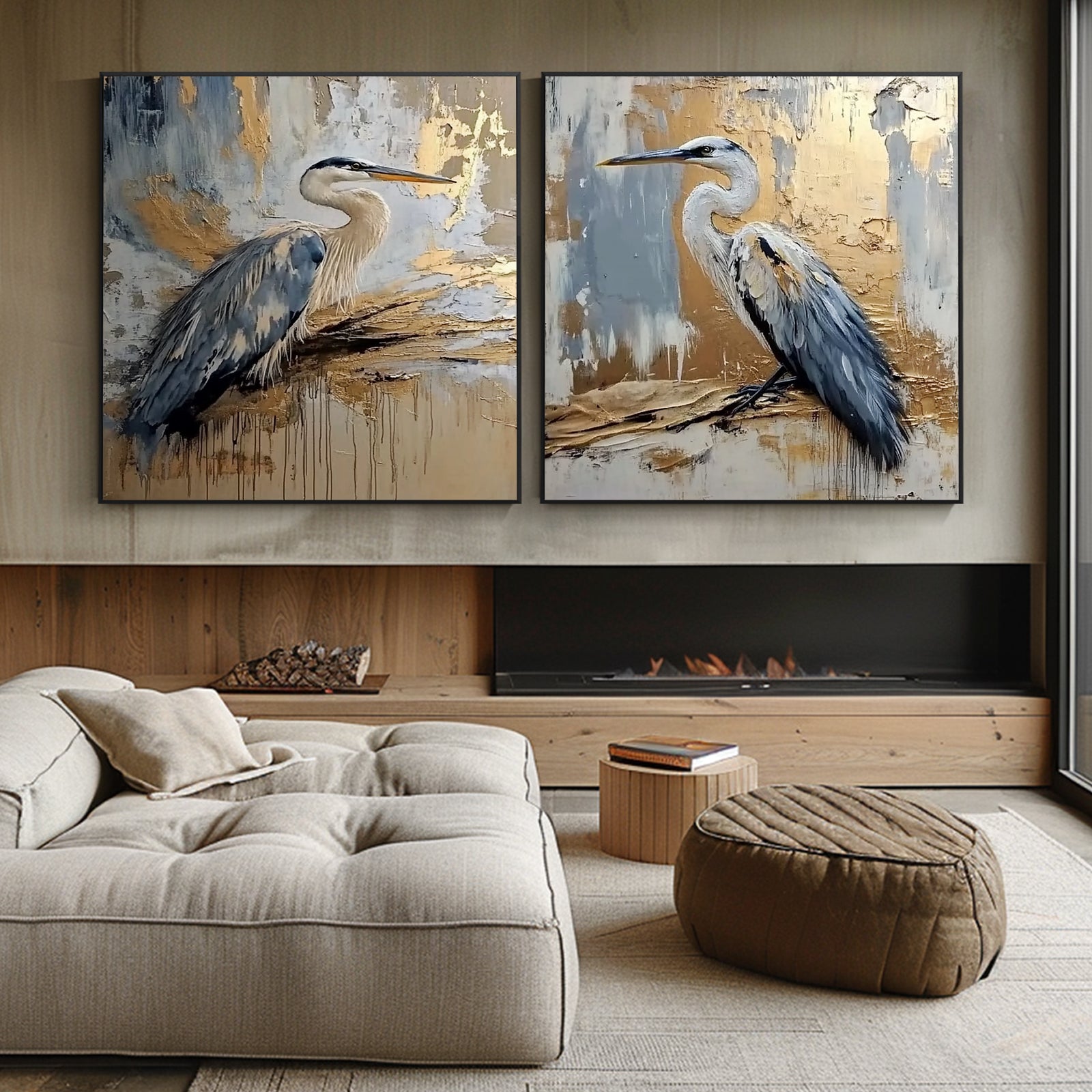 100% Hand-Painted Crane Landscape Style Painting (Diptych) #T00035