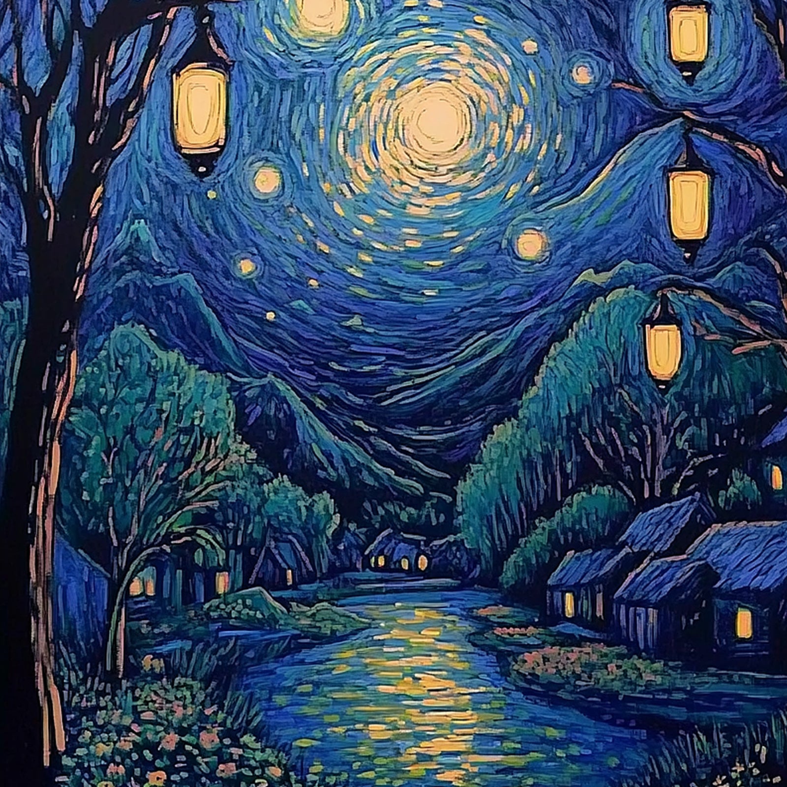 100% Hand-Painted Rotating Starry Sky Van Gogh Style Painting (Diptych) #T00041